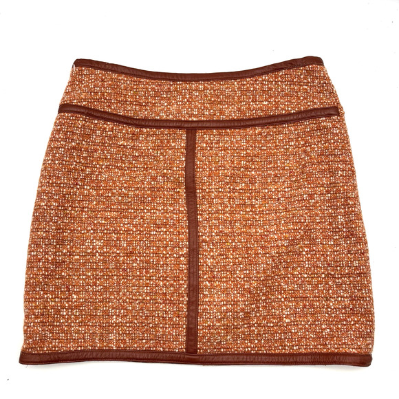 ABS Allen Schwartz Orange Wool Tweed Leather Trim Mini Skirt 12 29x16" USA Made - Picture 1 of 13